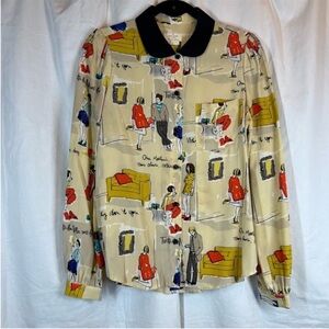 Kate spade 100% silk quirky kitsch Peter Pan color Martini print  blouse